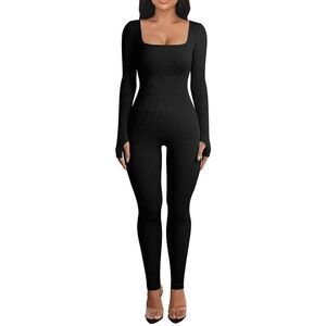 NEW Black Long Sleeve Jumpsuit 1Pc Ribbed Rompers M